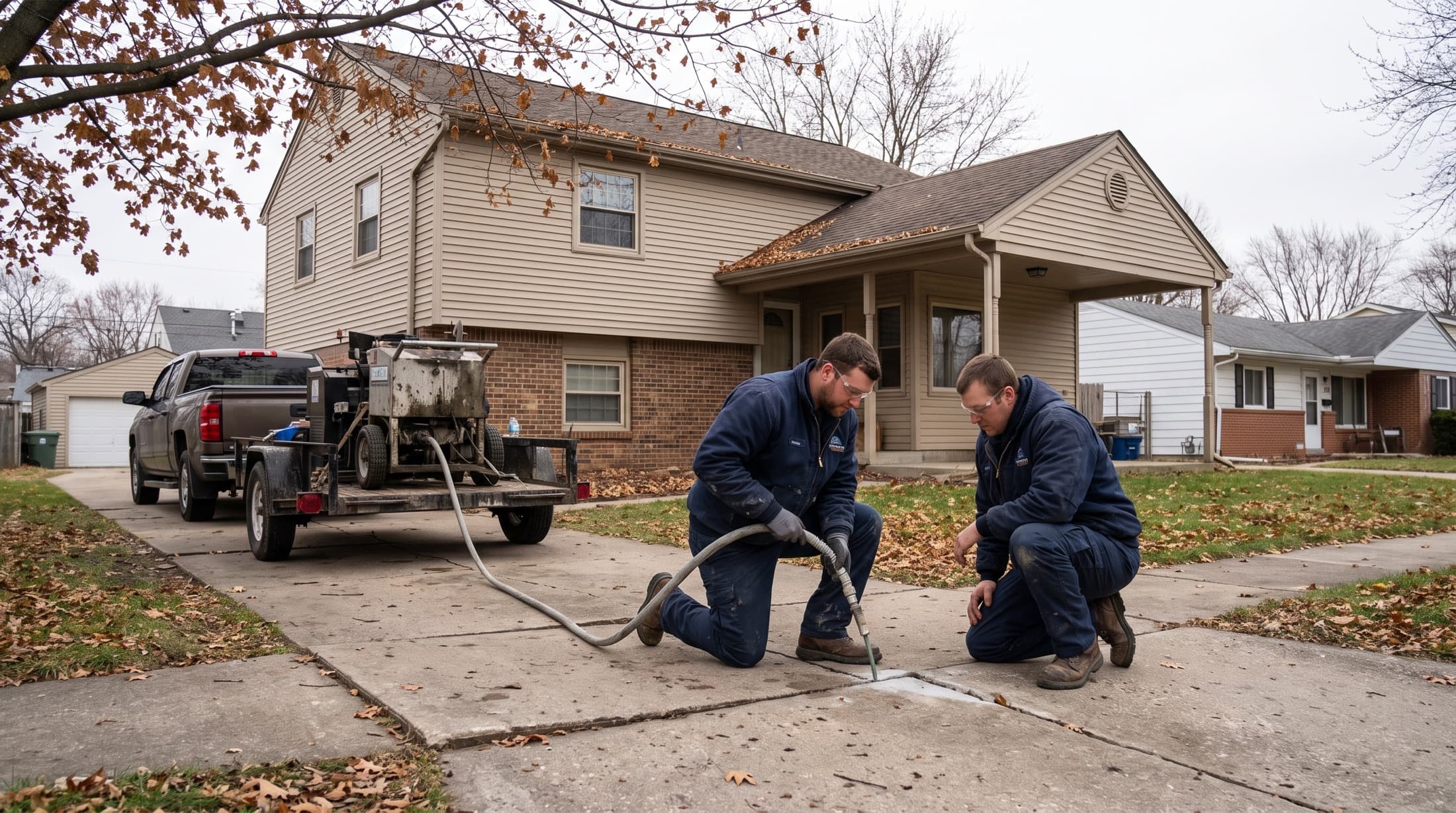 Two concrete leveling technicians kneeling at a sunken driveway joint with an injection hose, a lifting rig on a trailer behind them, outside a two-story house in a Fort Wayne neighborhood