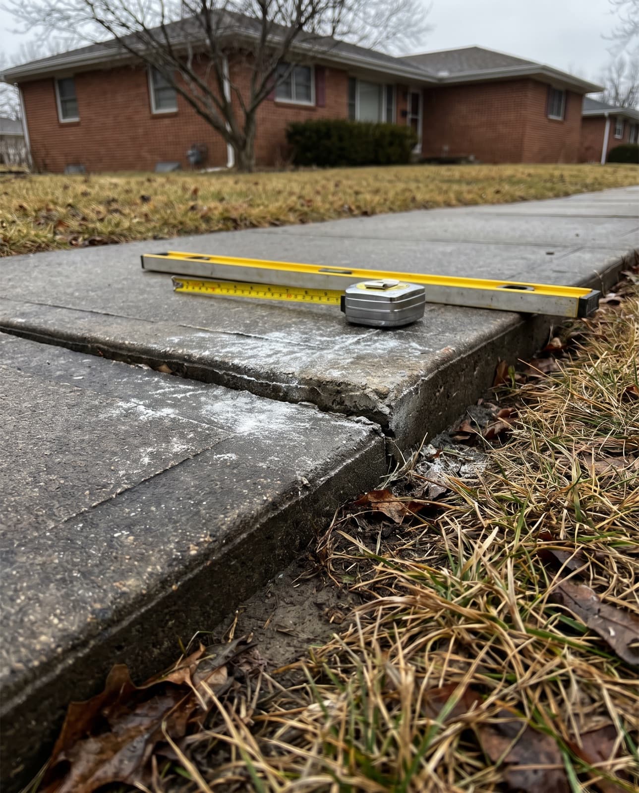 A sidewalk panel heaved about an inch above its neighbor, with road-salt staining, a yellow level and a tape measure across the joint